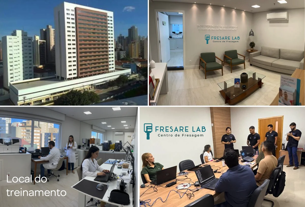 Estrutura do curso em Campinas: Edifício Easy Office, recepção e laboratório Fresare Lab, e sala de treinamento